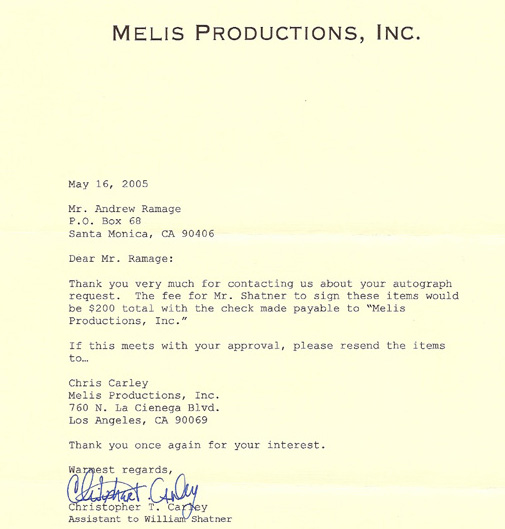 William Shatner letter